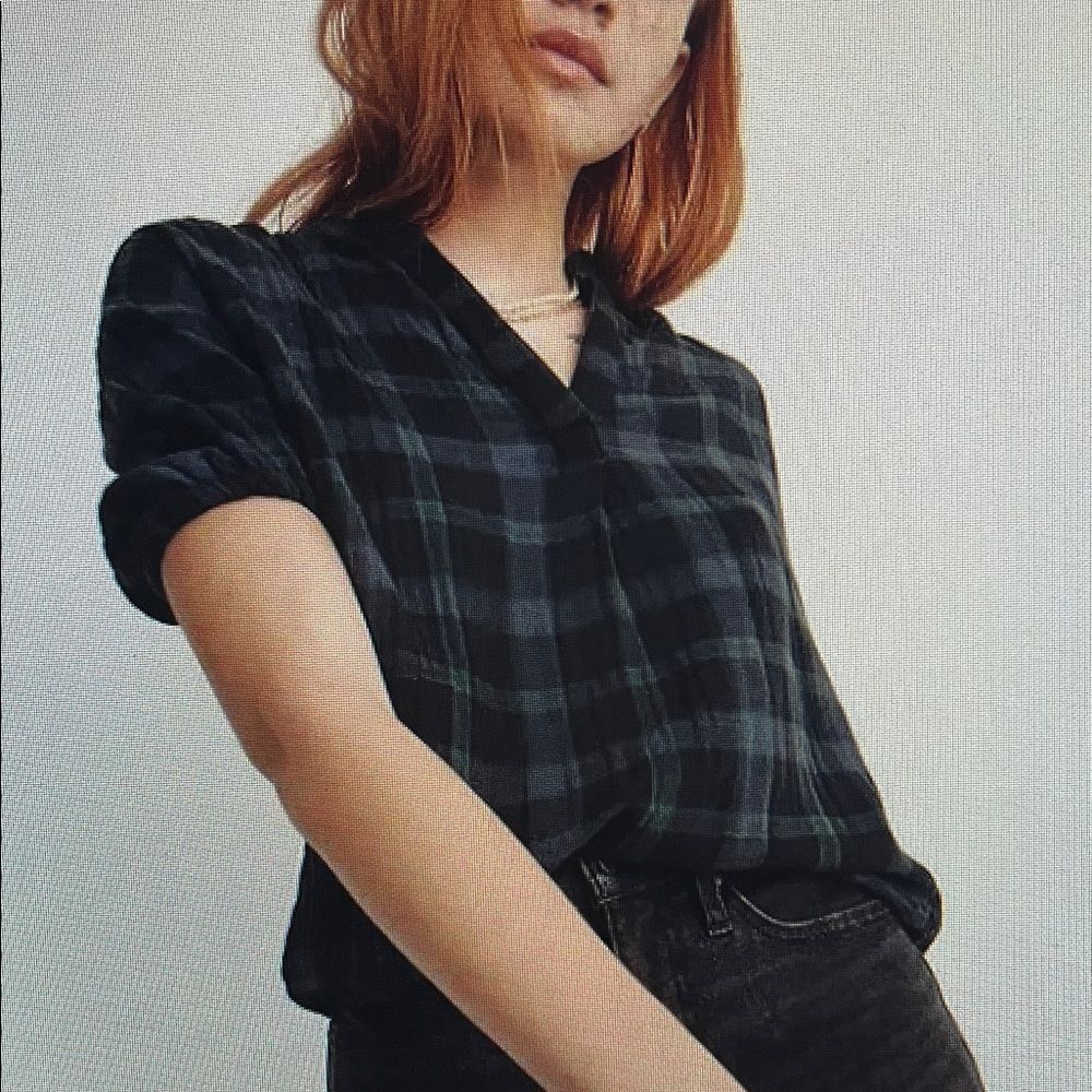 New! Madewell Lightspun Bubble-Sleeve Top Blouse in Plaid Size XXS Dark Baltic